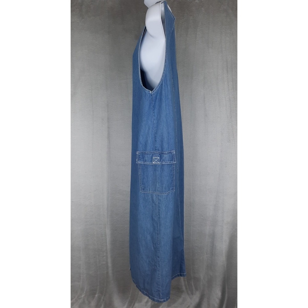 Vtg Denim Jumper Dress Maxi Button Front Cargo Pockets Medium Utility 90s Y2K - Picture 2 of 16